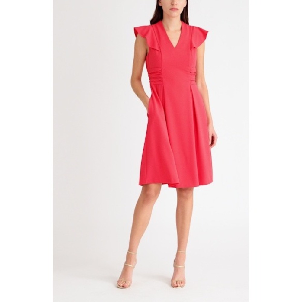 Tahari ASL Side Ruche Cap Flutter Sleeve Pink Fit & Flare Dress Womens Size 14